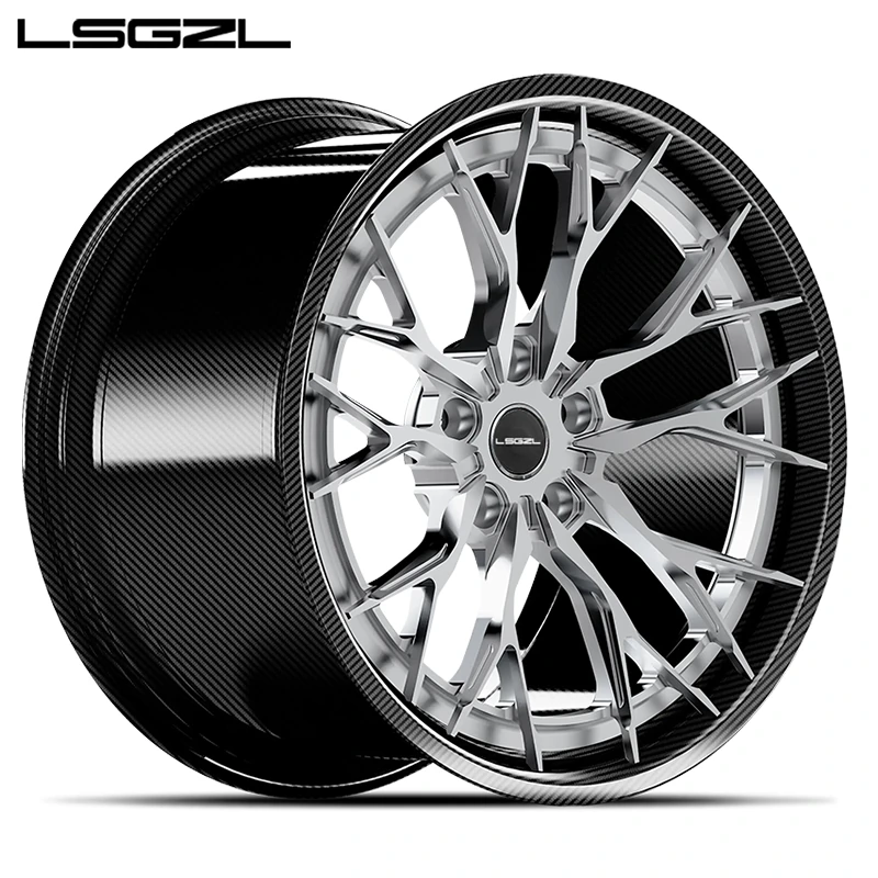 LSGZL TXW2: Silver branching-spoke wheel with dark patterned barrel, angled view