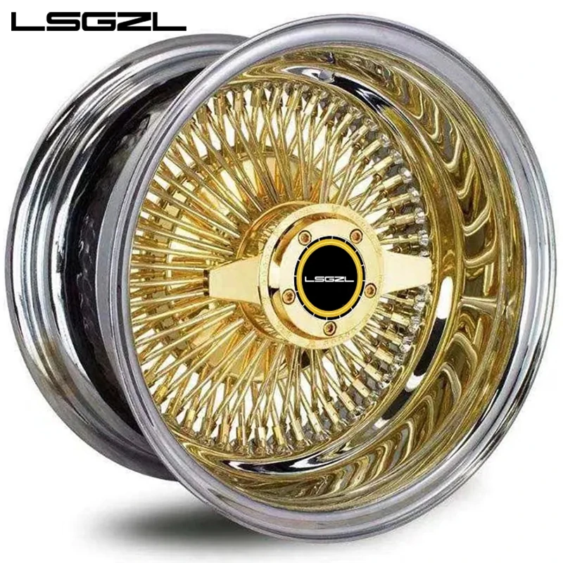 LSGZL GSL2: Gold cross-wire wheel with bright lip, angled view