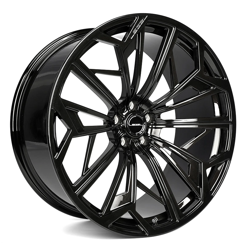 LSGZL T102: Gloss black angular-spoke wheel, angled view