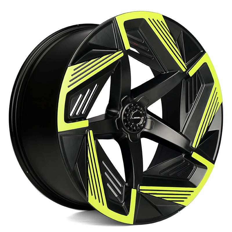 LSGZL T105: Black aero-style wheel with yellow panels, angled view