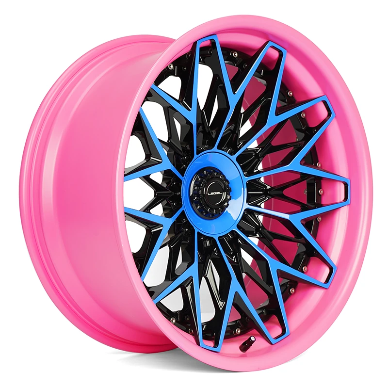 LSGZL T201: Pink barrel with blue-edged black mesh spokes, angled view