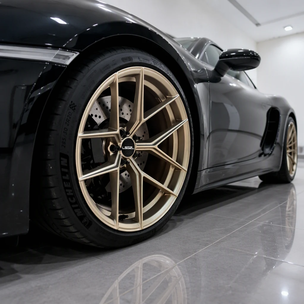 Bronze Y-spoke alloy wheel fitted to a dark car