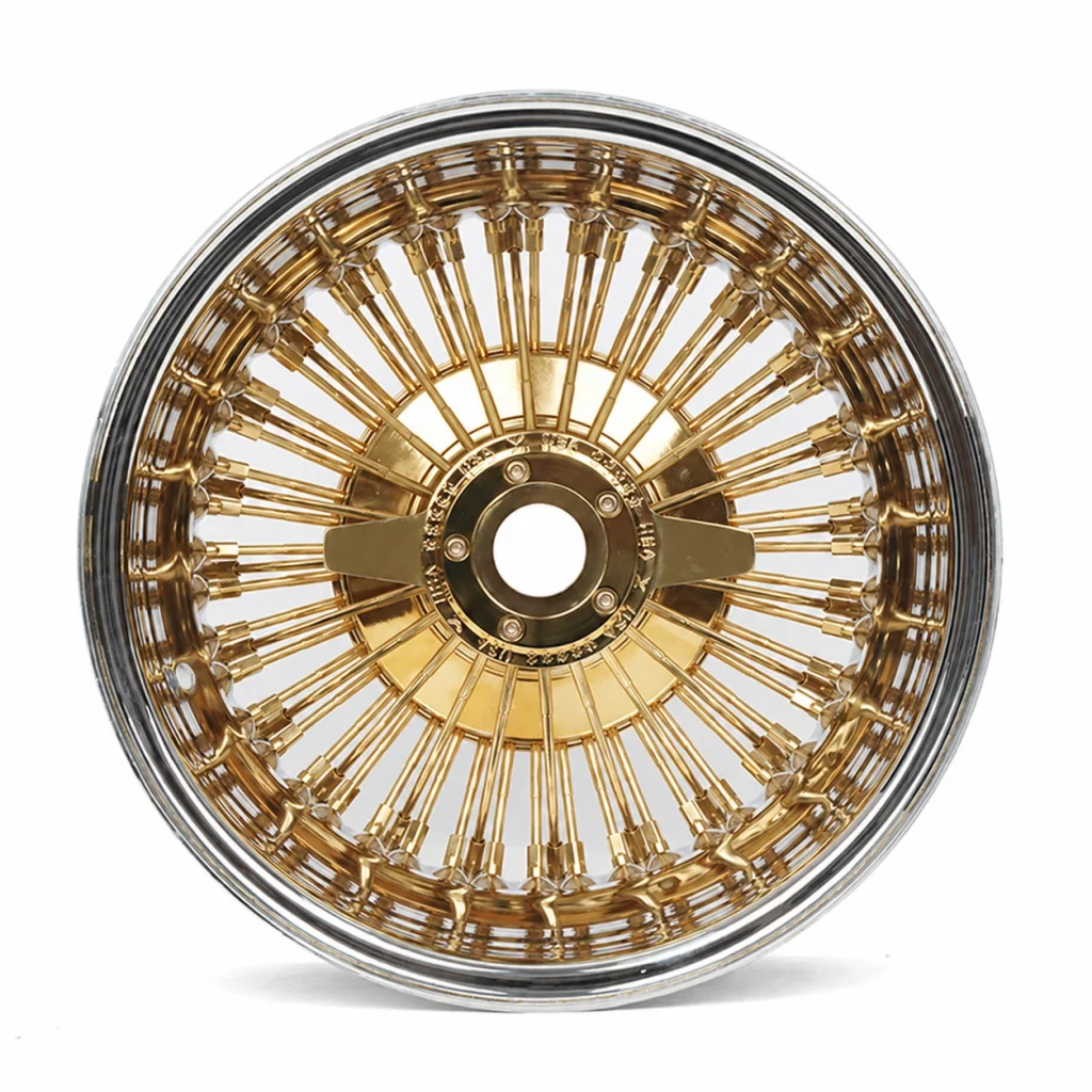 Gold wire-spoke alloy wheel with polished lip