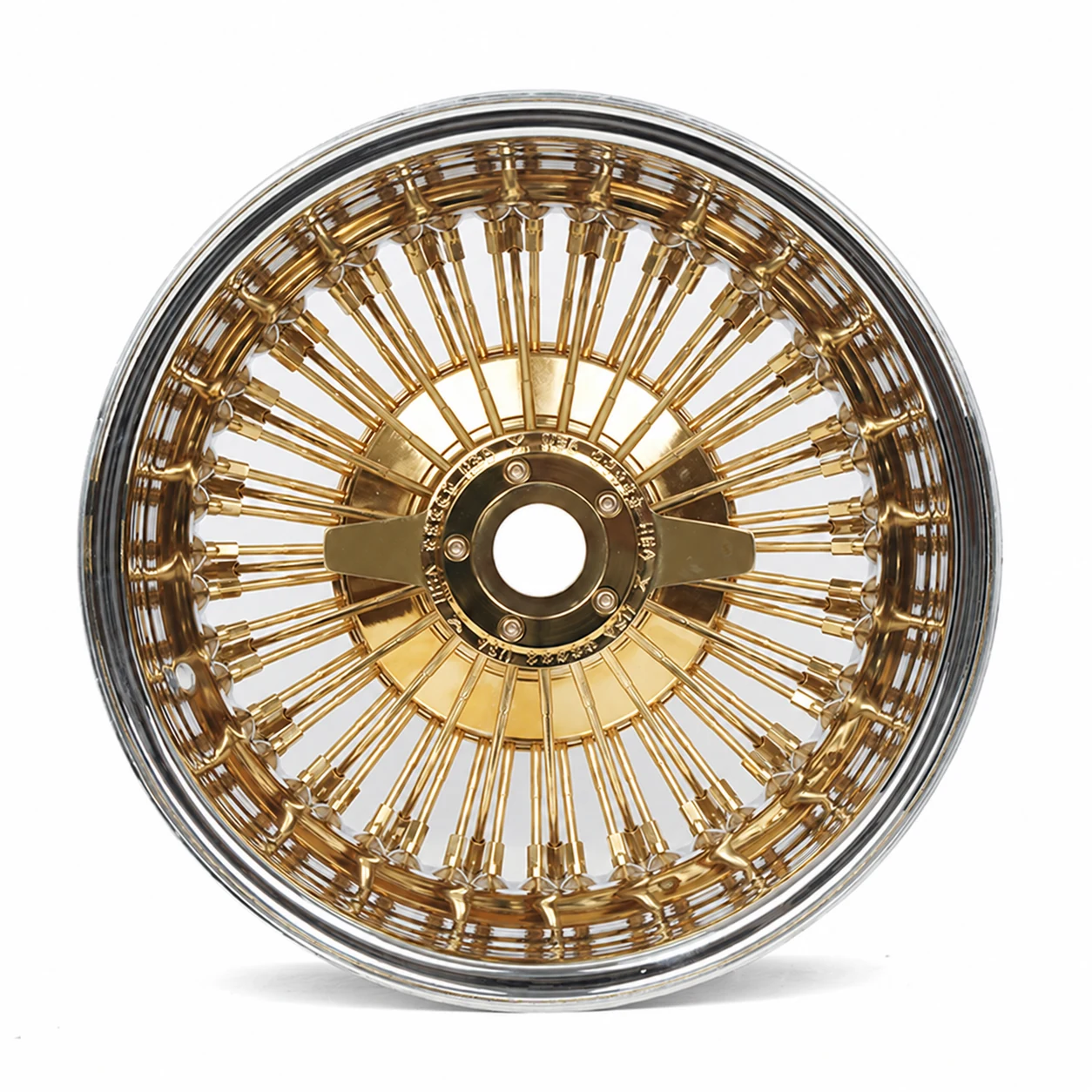Gold wire-spoke alloy wheel with polished lip