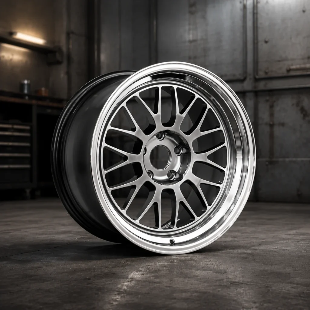 Silver mesh alloy wheel with polished lip in a workshop