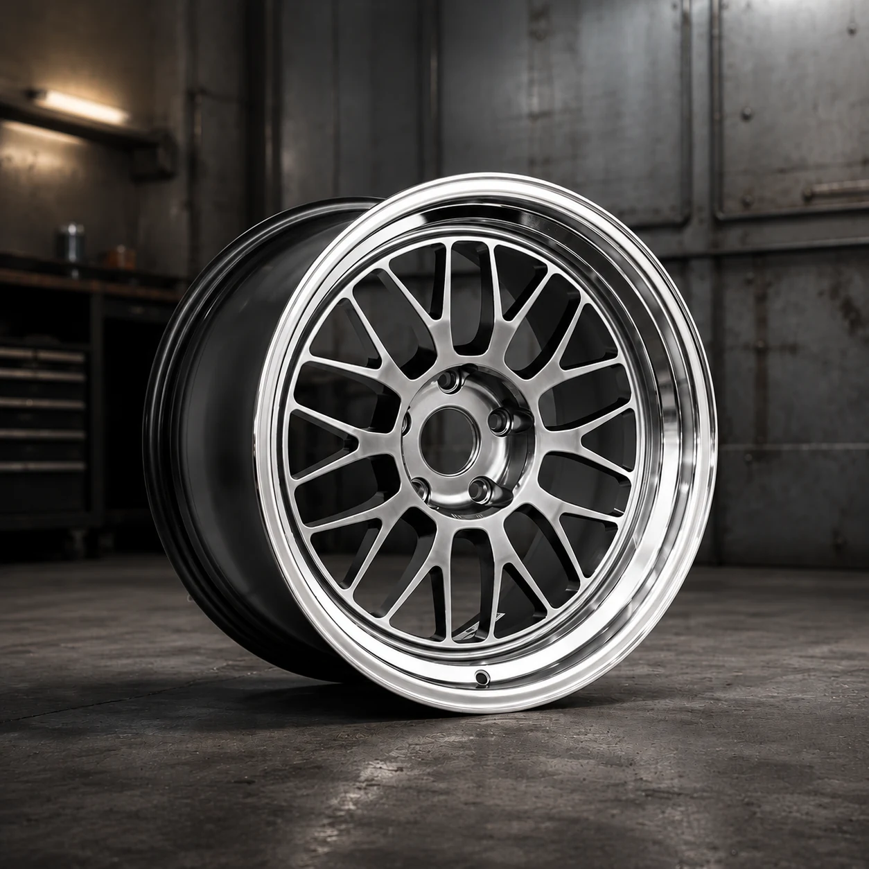 Silver mesh alloy wheel with polished lip in a workshop